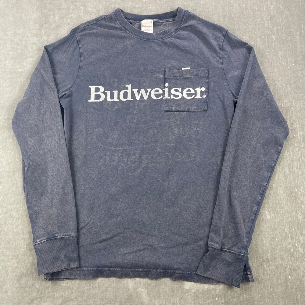 PacSun Budweiser Mens Small Blue Long Sleeve Pocket T-Shirt Faded Graphic Tee